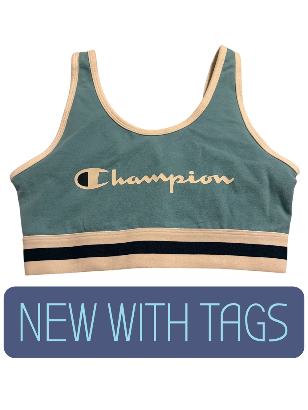 Champion Teal Sports Bra with Cream Trim and Navy Stripe